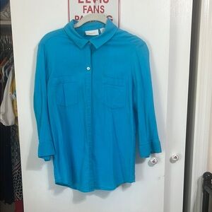 Chico Brand 1  Blue Button-Up Women's Top side pockets in Turquoise color